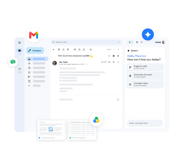 Vista ilustrativa oficial de Gmail con el panel de Gemini, correo y documentos conectados