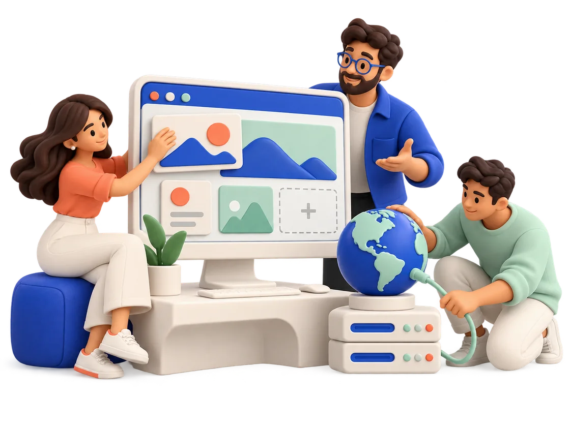 Ilustración de especialistas que conectan diseño, dominio y hospedaje en un proyecto web