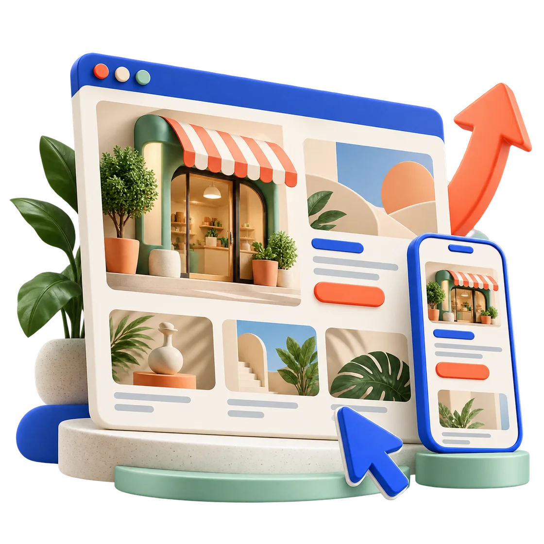 Ilustración de un negocio que se convierte en una página web, con versión para celular