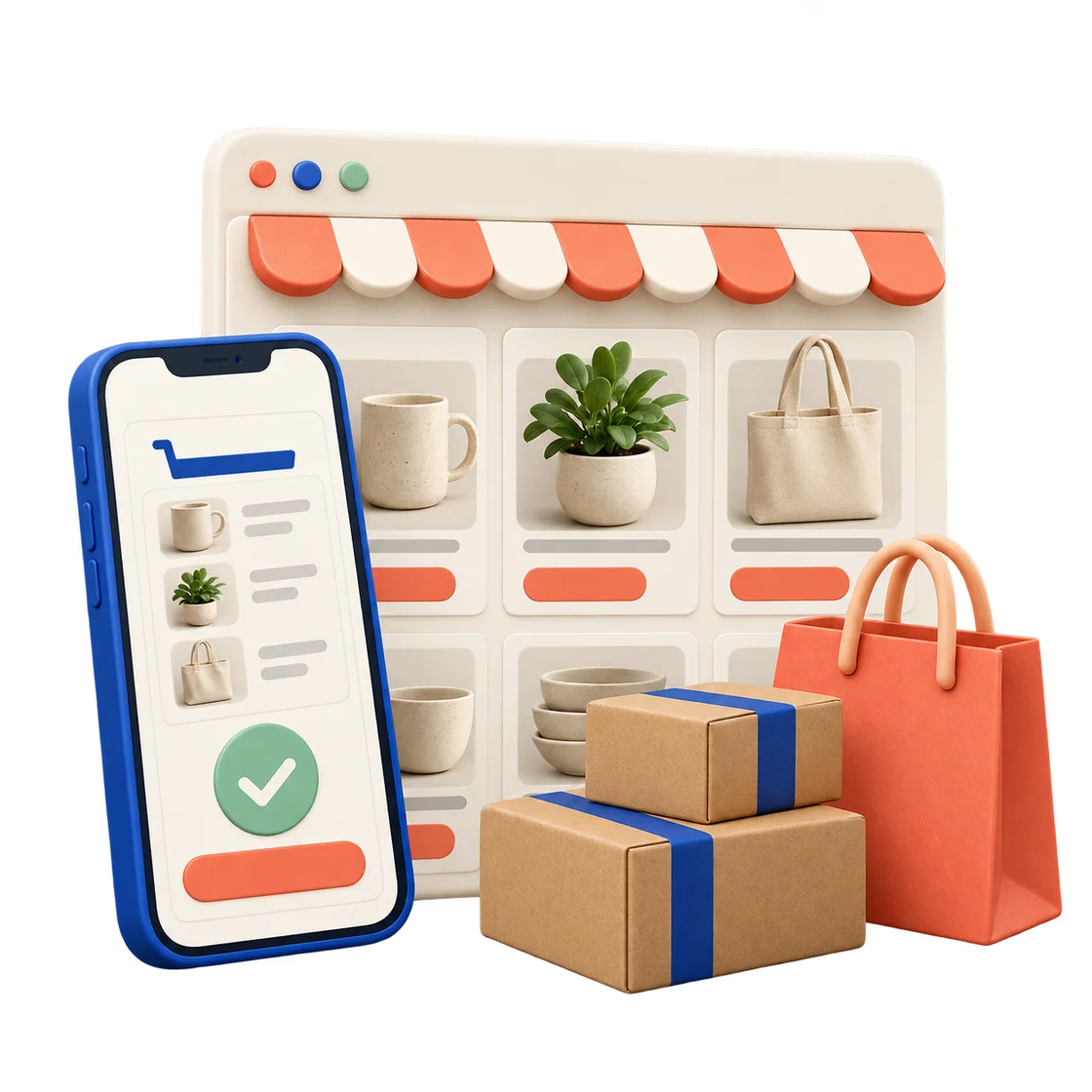 Tienda en línea con catálogo de productos, compra desde celular y paquetes listos para enviar