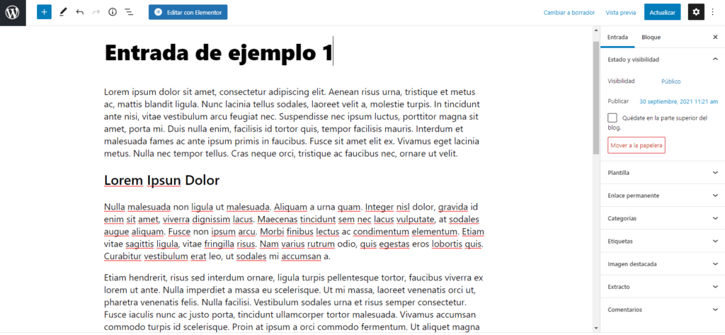 Editor de articulo en WordPress