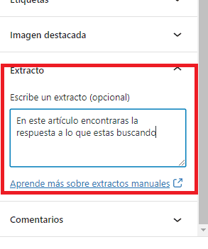 Pestaña extracto en el editor de entradas