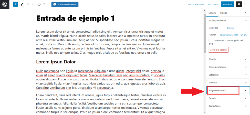 Pestaña imagen destacada en el editor de entradas WordPress