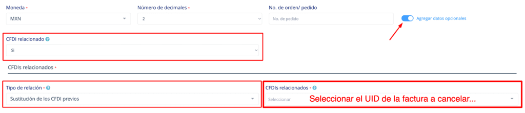 Creación de Nuevo CFDI y Activación de opción "Agregar datos opcionales"
