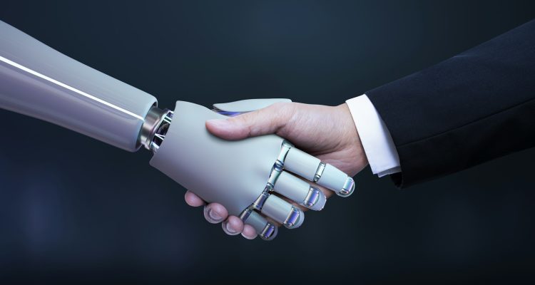 Business hand robot handshake, artificial intelligence digital transformation